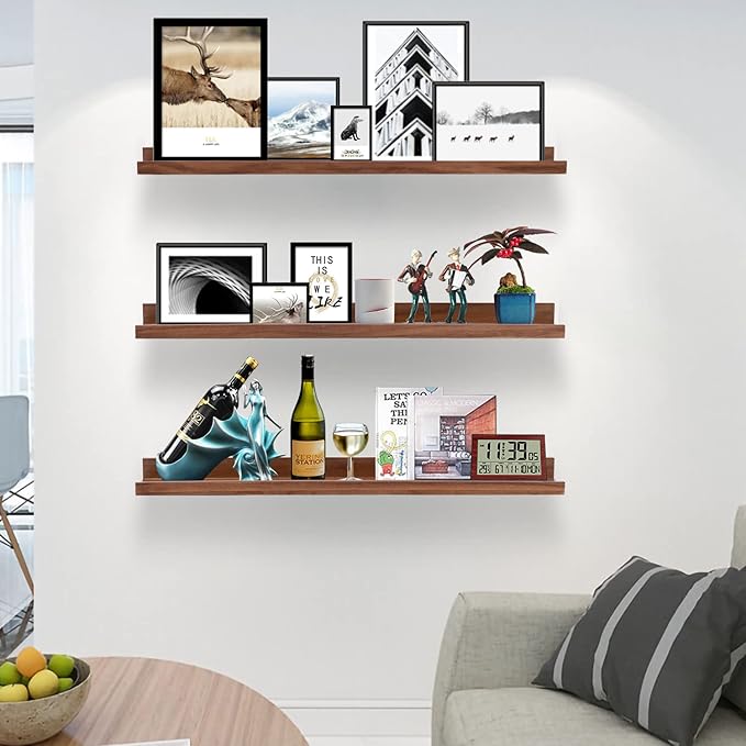 AZSKY Floating Photo Shelves Fair Light Walnut 24 Inch Picture Ledge for Storage Wall Book Shelves Hanging Picture Photo Frame Ledge Shelves with Lip a Set of 3 Same Sizes Kitchen Spice Rack
