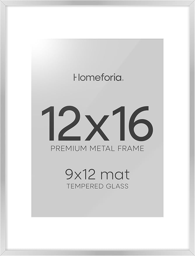 Homeforia 12 x 16 Picture Frame Silver, High End Metal 12x16 Poster Frames with Mat 9x12 Photo, 12 x 16 Silver Frame Matted to 9 x 12 in Print, 16by12 Hanging Frame, Tempered Glass, Wall Kit, Set of 1