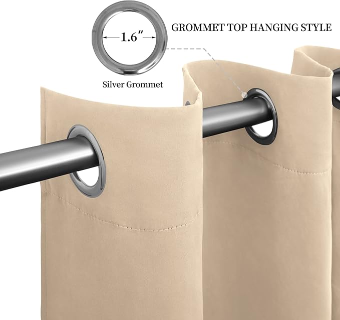 Easy-Going Blackout Curtains for Bedroom, Solid Thermal Insulated Grommet and Noise Reduction Window Drapes, Room Darkening Curtains for Living Room, 2 Panels (52x63 in,Beige)