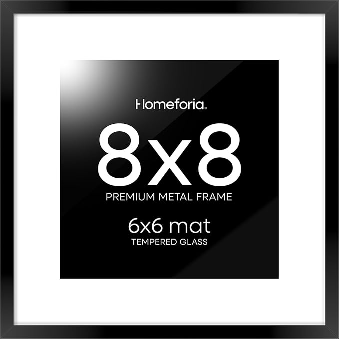 Homeforia 8x8 Black Picture Frame, High End Metal 8 x 8 Square Photo Frames with Mat 6 by 6, 8x8 Poster Frame Matted to 6x6 inch Print, 8by8 Wall or Tabletop Frames, Tempered Glass, Wall Kit, Set of 1