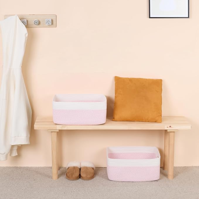 Large Storage Baskets for Shelves, Closet Organizers Bins for Clothes Blanket Towels, Baby Nursery, Toy Baskets Box, Woven Rope Baskets, 17 x 13 x 7.5”, 3 Packs Woven Pink