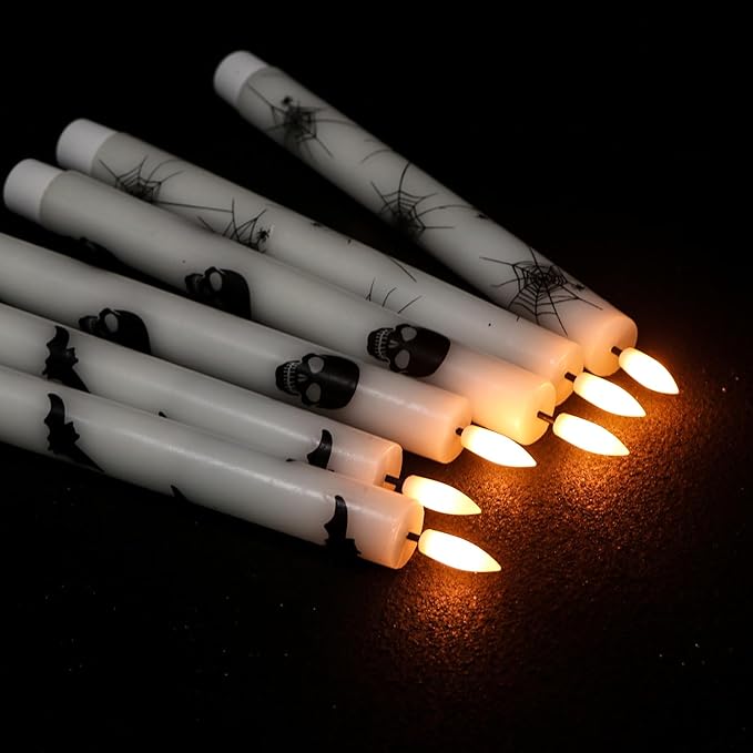 GenSwin Flameless Taper Candles with Remote Timer, 6Pcs LED Flickering Taper Candles Battery Operated Real Wax with Spider Webs/Skull/Bats Decals for Halloween Spooky Decoration (White, 0.78”x9.65”)