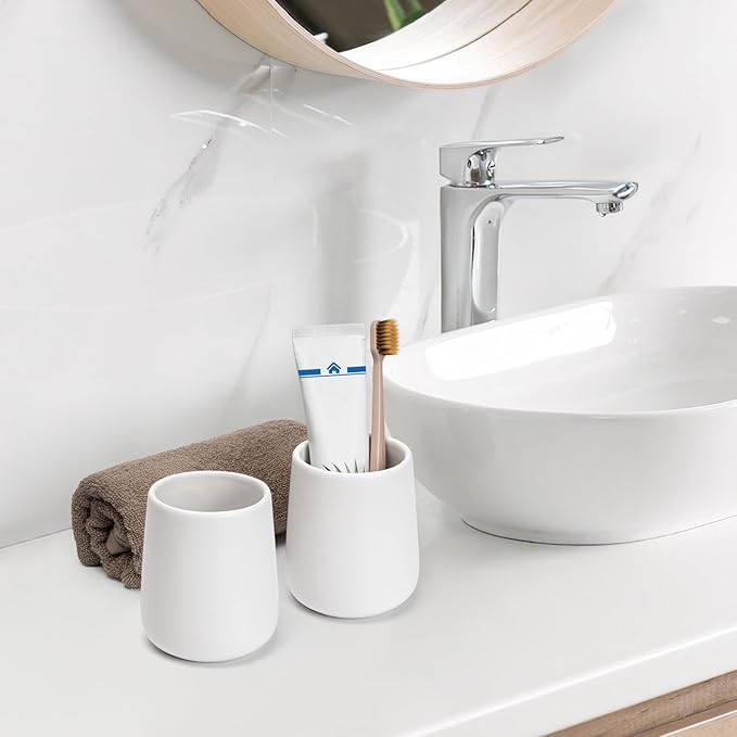 Bathroom Tumbler Cup Ceramic 2Pcs 13.5oz Reusable Toothbrush Cup 400ml, Toothbrush Holder Adequate for Your Bathroom (White)