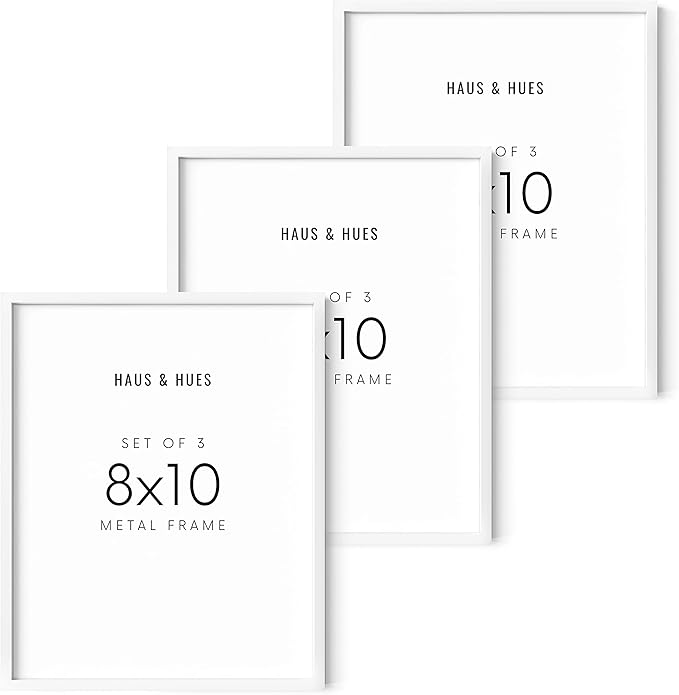 HAUS AND HUES 8 By 10 Picture Frames - 8x10 Picture Frame Set of 3, Frame For Three 8x10 Frames White Frames Gallery Wall, 8 x 10 Frames White, 3 Photo Picture Frame Metallic, (White Aluminum Frames)