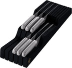 In-Drawer Knife Block - Bamboo Knife Drawer Organizer for Kitchen - Fits 5 Long + 6 Short Knives | Store Knives with Blades Pointing Down - Wooden Steak knife Holder without Knives (Black)