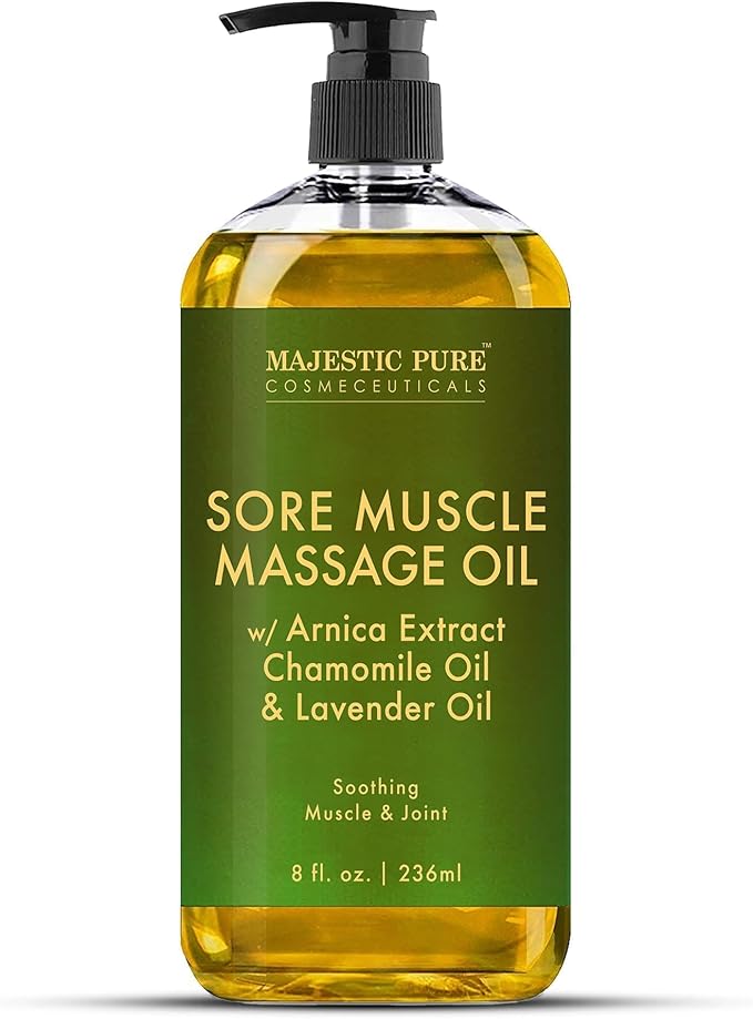 MAJESTIC PURE Arnica Sore Muscle Massage Oil for Massage Therapy - Refreshing, and Relaxing - Natural Oils with Lavender & Chamomile Essential Oils - for All Skin Types - Men and Women - 8 fl oz