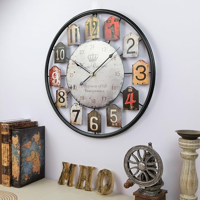 Large Wall Clock Separate Retro Dial Decorative Silent Non Ticking 20 Inch Big Vintage Farmhouse Clocks for Living Room,Black Metal Frame