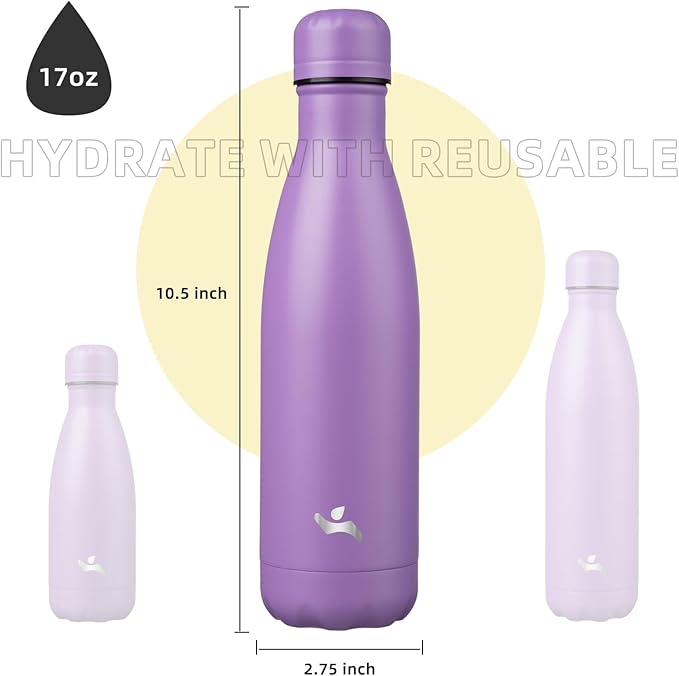 Insulated Water Bottles,17 oz Double Wall Stainless Steel Vacumm Metal Flask for Sports Travel,Lavender