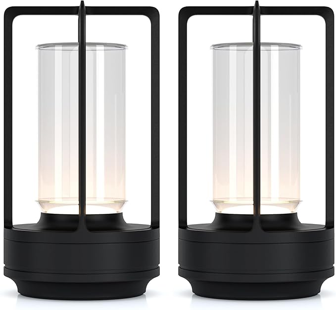 Portable Metal Table Lamp for Indoor/Outdoor ,Rechargeable Cordless LED Lamp, 3-Colour Infinitely Dimming Battery Powered Small Desk Lamp, Restaurant/Bedroom/Bar/Coffee/Camping Light (Black Set of 2)