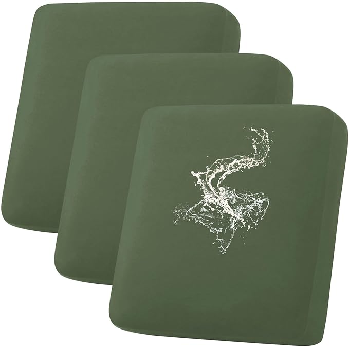hyha Waterproof Couch Cushion Covers, Stretch Sofa Couch Seat Slipcover for Dog Washable, Non-Slip Waterproof Outdoor Cushion Covers for Patio Furniture Replacement (3 Pieces, Bronze Green)