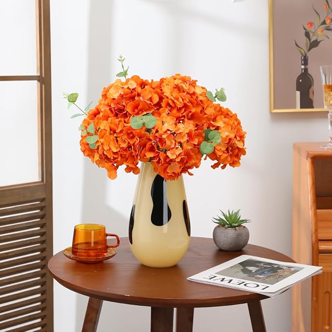 Tifuly Hydrangea Artificial Flowers -12 pcs Realistic Fake Hydrangea Silk Flowers with Stems Faux Hydrangea Flowers Heads for Office Home Party Wedding Centerpiece DIY Floral Decor (Orange)