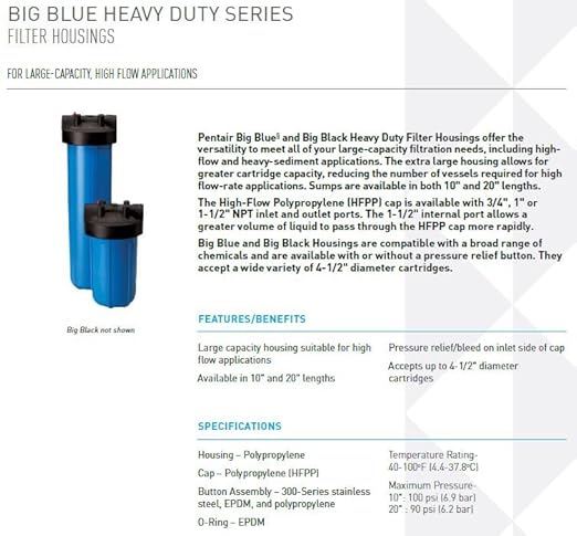 Pentair Pentek 150469 Big Blue Filter Housing, 3/4" NPT #10 Whole House Heavy Duty Water Filter Housing with High-Flow Polypropylene (HFPP) Cap and Pressure Relief Button, 10-Inch, Black/Blue