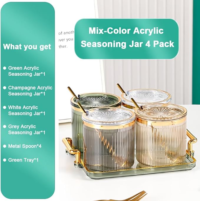 Acrylic Condiment Spice Jars,Condiment Spice Box With Lids and Spoons and Tray,Clear Plastic Condiment Canisters,Seasoning Box 4 Pack,Seasoning Box Set for Kitchen to Storage Salt,Paprika,Sugar