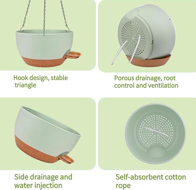 2 Pack Hanging Planters for Indoor Outdoor Plants, 12 Inch Self Watering Hanging Pot with Drainage Holes and Saucer, Plastic Plant Pots, Green Brown Flower Pots for Kitchen, Balcony, Garden