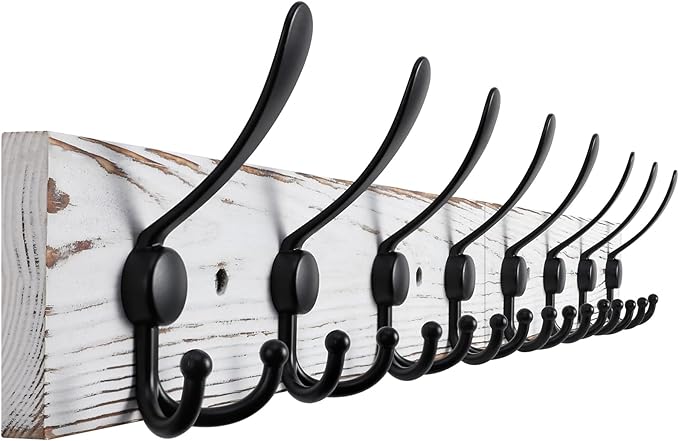 32.2'' Large Coat Rack Wall Mount Coat Hooks with 8 Metal Black Triple-Hooks Old White Pine Real Wood Plank Hat Rack for Wall Hooks