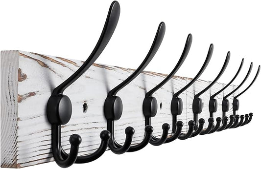 32.2'' Large Coat Rack Wall Mount Coat Hooks with 8 Metal Black Triple-Hooks Old White Pine Real Wood Plank Hat Rack for Wall Hooks