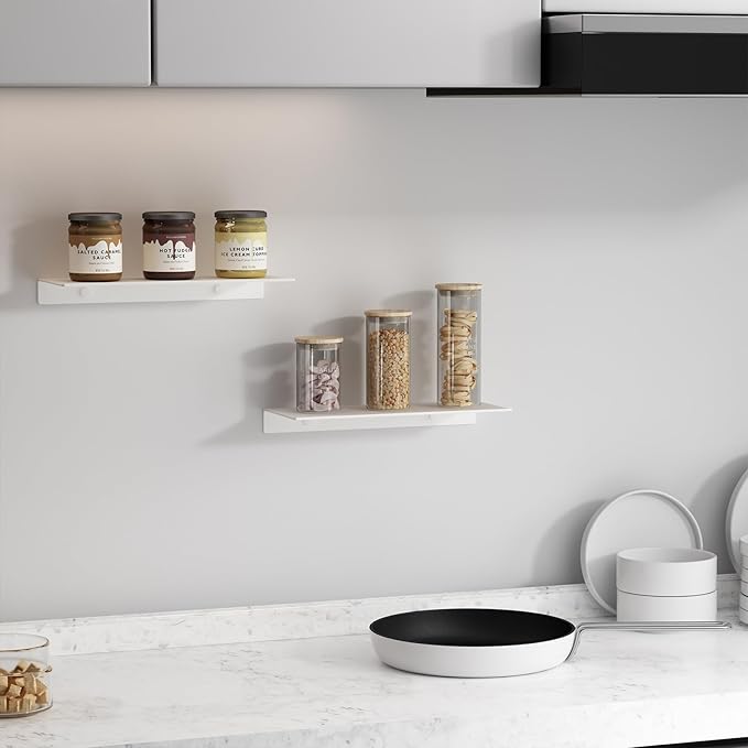 JOOM White Floating Shelves for Wall Storage, Metal Wall Shelves for Living Room, Bathroom, Kitchen, 12” Small Display Shelves for Collectibles(2 PCS)
