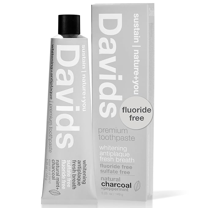 Davids Charcoal Toothpaste for Enhanced Teeth Whitening, Peppermint, Antiplaque, Flouride Free, SLS Free, Enamel Safe, Recyclable Metal Tube, 5.25oz