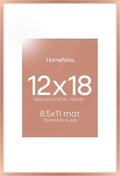 Homeforia 12x18 Picture Frame Rose Gold, High End Metal 12x18 Poster Frames with Mat 8.5x11 in Photo, 12 x 18 Rose Gold Frame Matted to 8.5 by 11 Print, 18x12 Frame, Tempered Glass, Wall Kit, Set of 1