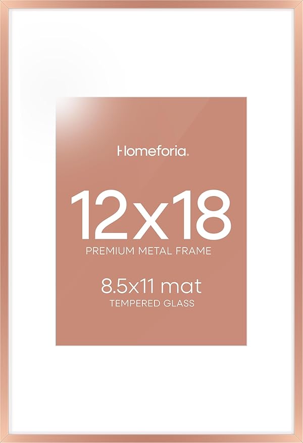Homeforia 12x18 Picture Frame Rose Gold, High End Metal 12x18 Poster Frames with Mat 8.5x11 in Photo, 12 x 18 Rose Gold Frame Matted to 8.5 by 11 Print, 18x12 Frame, Tempered Glass, Wall Kit, Set of 1