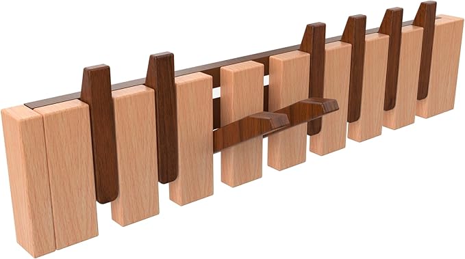 Wall Mounted Piano Key Hanger | Flip Style Hook | Entrance Wall Art Hook, Made of Oak Wood (3 Times Painted, 4 Times Polished) (Walnut-Beech, 8Hooks)