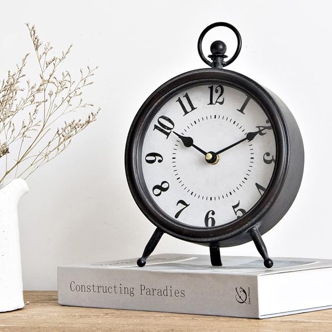 Vintage Black Table Clock on Stand, Decorative Desk and Shelf Clock, Rustic Mantel Clock Farmhouse Clock Non-Ticking