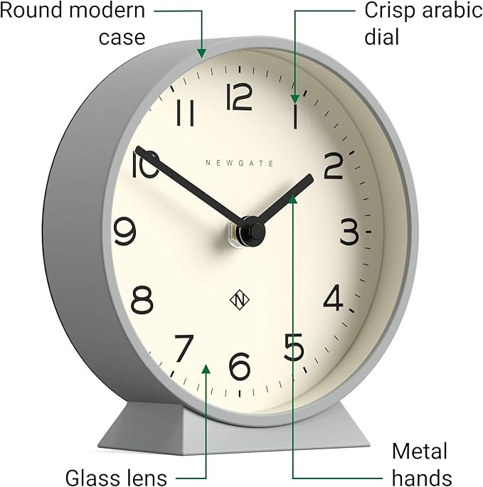 NEWGATE® M Mantel Echo Desk Clock | Modern Round Design | Posh Gray | Easy to Read Numbers | Contemporary Style for Desk, Table, Shelf or Bedside