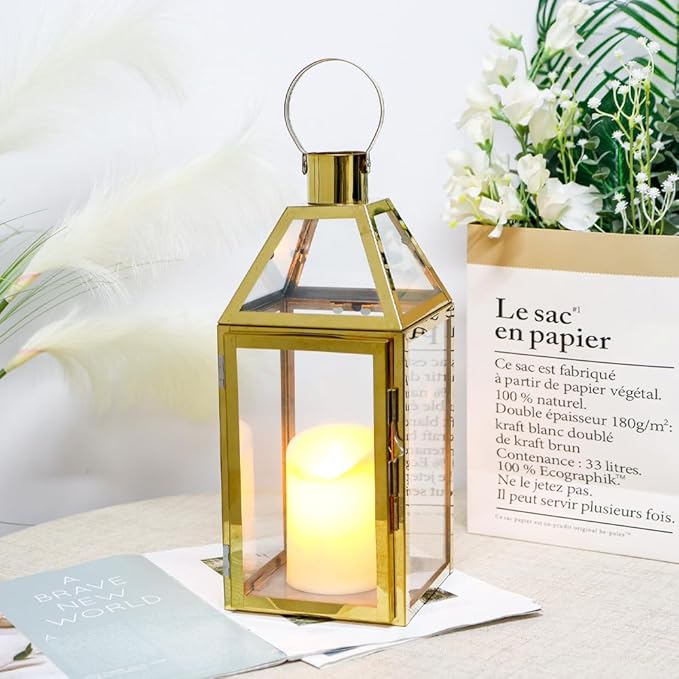 JHY Design Gold Decorative Lanterns 16" H Stainless Steel Candle Lanterns with Tempered Glass for Indoor Outdoor Events Parities and Weddings