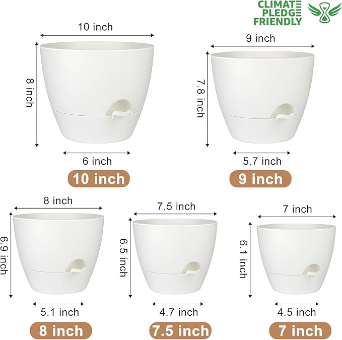 Plant Pots 10/9/8/7.5/7 Inch Self Watering Pots, Set of 5 Plastic Planters with Drainage Holes and Saucers,Plastic Flower Pots,Nursery Planting Pot for Indoor Out Door Plants(Pure White)