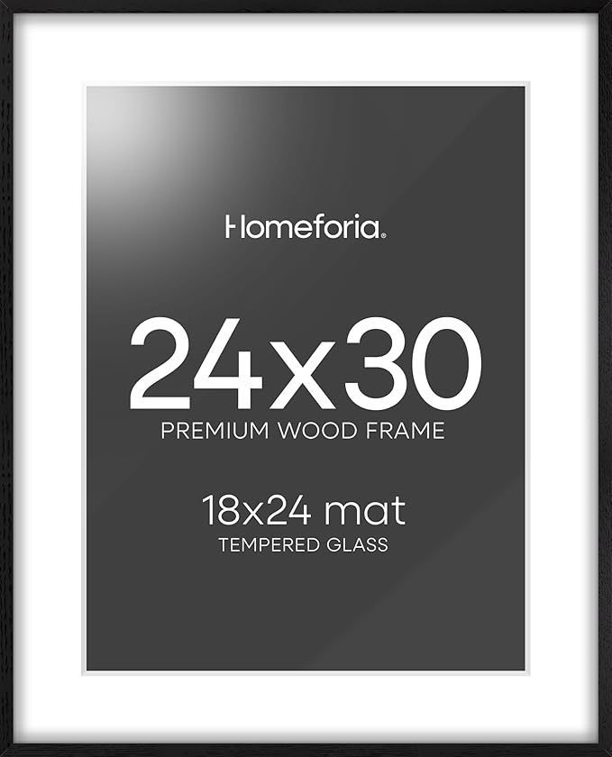 Homeforia Poster Frame 24x30 Black, High End Oak 24x30 Wooden Picture Frames with Mat 18x24 in Photo, 24 x 30 Large Wood Frame Matted to 18 by 24 Print, 30x24 Frame, Tempered Glass, Wall Kit, Set of 1