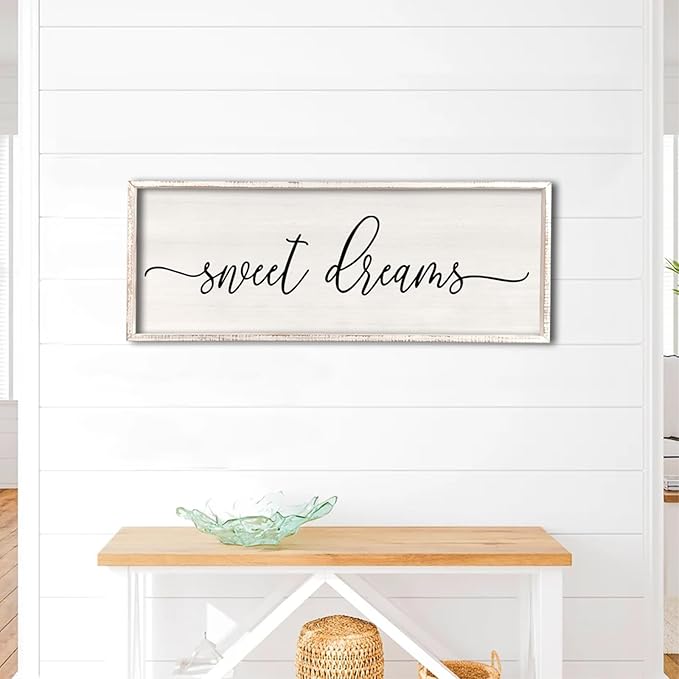 Sweet Dreams Wall Decor Above Bed 32''×12'' Master Bedroom Large Sweet Dreams Sign Farmhouse Wall Decor Guest Room Wood Rustic Framed Wall Art Hanging Decoration (White)