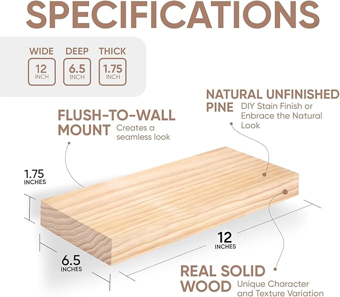 Homeforia Wood Floating Shelf 12 inch, High End Solid Natural Wood 12inch Floating Shelves for Wall Mounted, Unfinished Small Wooden Floating Shelves, Heavy Duty Bracket, 12 X 6.5 X 1.75 in, Set of 3