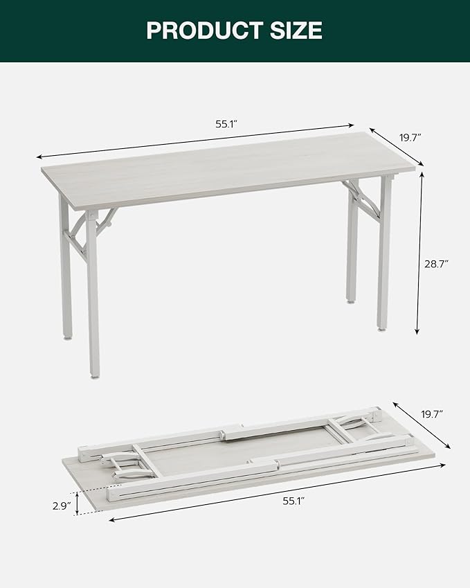 Frylr Small Folding Computer Desk – Portable 55.1 Inch Foldable Laptop Table, Collapsible and Compact for Easy and Fast Setup, Lightweight for Small Spaces, Home Craft and Study Use, White Ash
