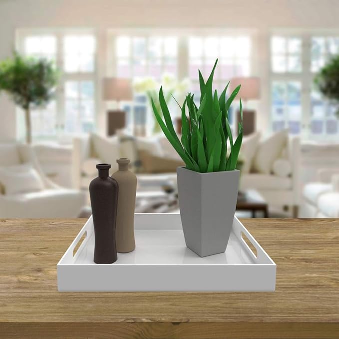 White Acrylic Serving Tray for Vanity, Bathroom, Outdoor, Food and Décor with Handles (Rectangle, Small)