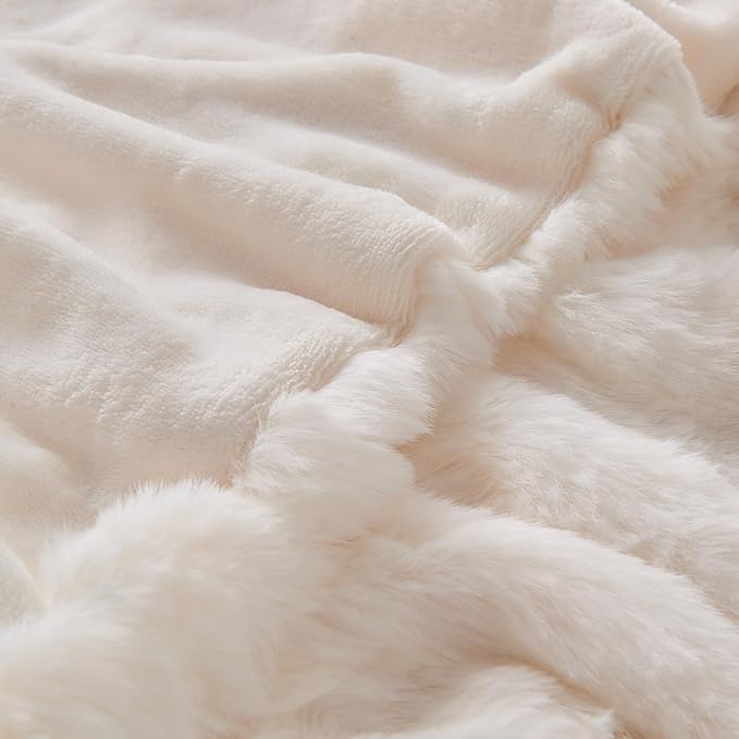 Lotus Karen Queen Size Faux Fur Blanket - Cream White Big Bubble Rabbit Fluff, 90x90 Inches
