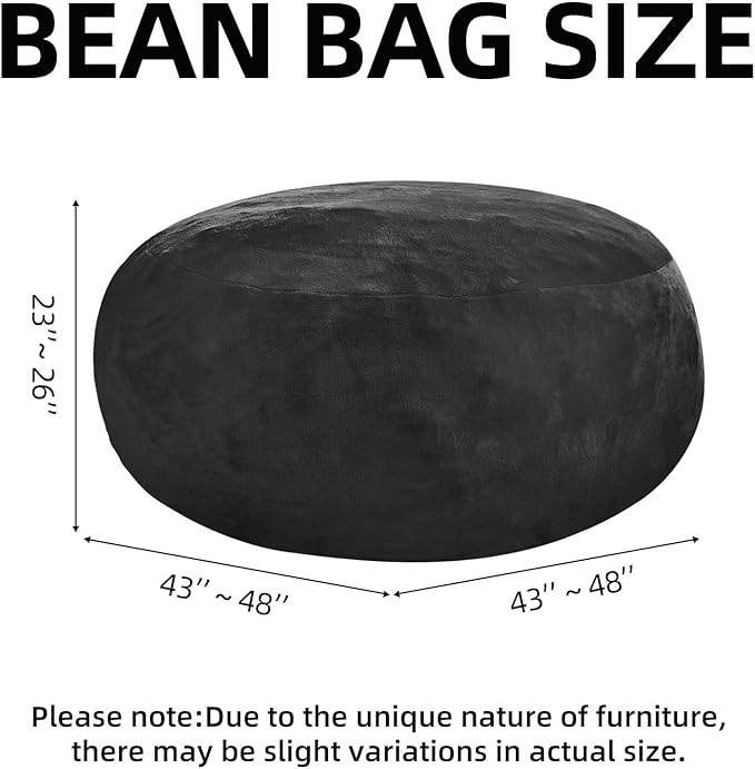 Bean Bag Chair 4Ft, Memory Foam Filled, Large Beanbag Chairs for Adults and Teens, Soft Sofa with Removable Flannel Cover, Round Couch for Living Room Bedroom College Dorm (Black, 4FT-47×47"×24")
