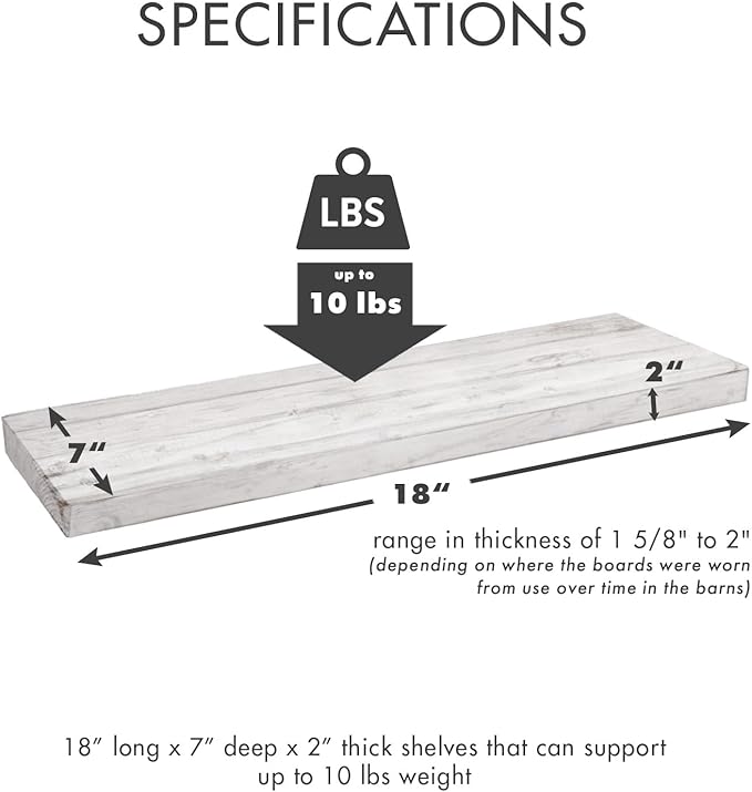 Urban Legacy Reclaimed Barnwood Planks | Floating Shelves for Wall w/Flush Mount Shelf Bracket Set Included | Set of 2 (White Wash, 18"x 7"x 2")