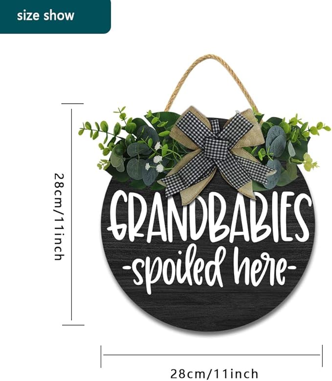 Grandbabies Spoiled Here Hanging Wall Sign for Front Door Home Kitchen Decor Rustic Wooden Round Sign Wall Decoration for Kitchen Dining Room Living Room Bedroom Outdoor