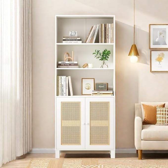 Tall Bookshelf, 5-Tier Book Shelf with 2 Rattan Doors, Freestanding Bookcase Display Shelves with Large Storage, Book Case for Living Room, Office, Study, Bedroom, 70.9 Inch