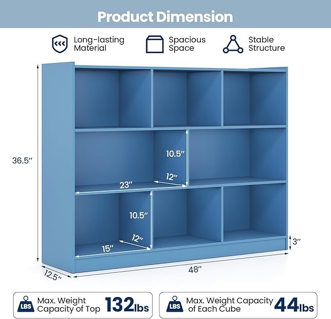 Tangkula 8-Cube Bookcase, Wood 3 Tier Open Storage Bookshelf, Modern Multipurpose Display Cabinet for Living Room, Study, Reading Nook, 48 x 12.5 x 36.5 Inch (Bright Blue)
