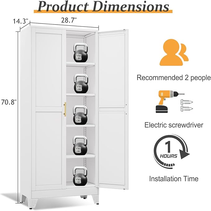 White Pantry Storage Cabinet,71" Kitchen Pantry with Doors and 4 Adjustable Shelves, Metal Storage Cabinet, for Office, Home, Garage, School