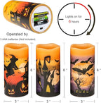 Wondise Halloween Flameless Flickering Candles with 6hrs Timer, Battery Operated Candles with Halloween Decals Real Wax LED Pillar Candles for Halloween Home Table Decor (3 x 6 Inches), Orange