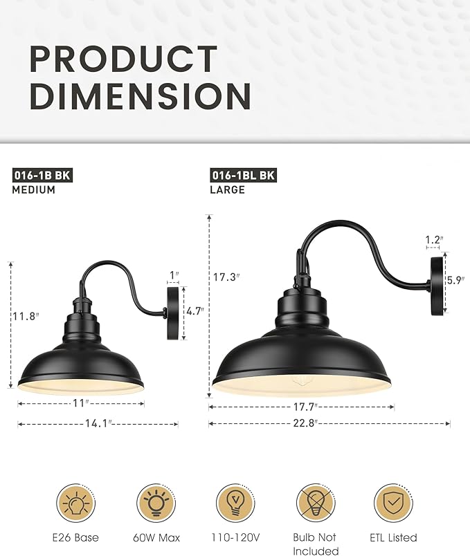 zeyu Black Gooseneck Barn Light, Modern Outdoor Wall Light Fixtures, Barn Light for Garden Garage, Matte Black Finish, 016-1BL BK
