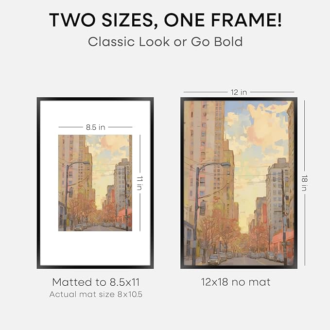Homeforia 12x18 Picture Frame Black, High End Metal 12x18 Poster Frames with Mat 8.5x11 Photo, 12 x 18 Black Frames Matted to 8.5 by 11 inch Print, 18x12 Thin Frame, Tempered Glass, Wall Kit, Set of 1