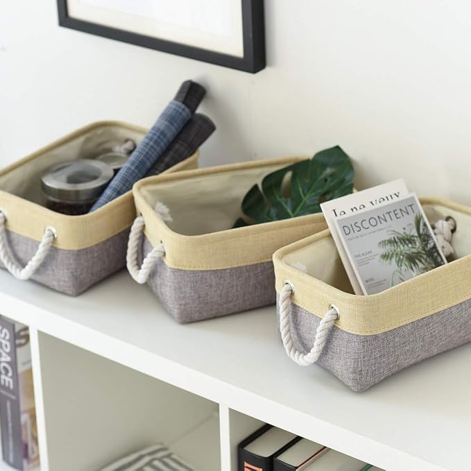 Fabric Storage Baskets for Organizing(6 Pack) Small Baskets for Shelves,storage, Laundry, Nursery, Closets, Decorative Baskets for Gifts Empty (Grey & gold, 11.8” x 7.8” x 5.1”)