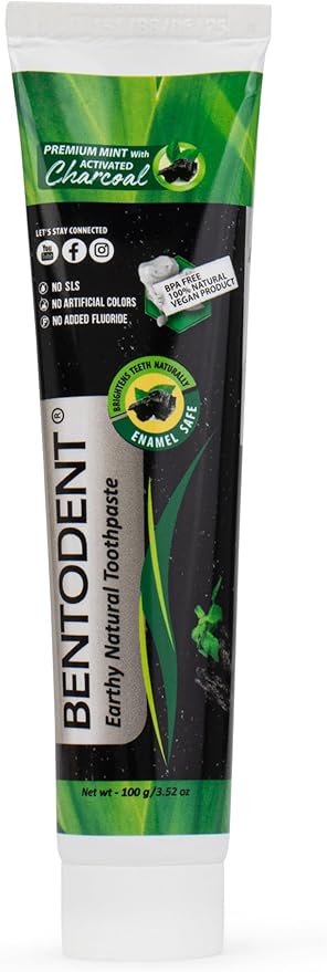 BENTODENT Teeth Whitening Bentonite Clay & Activated Organic Charcoal Toothpaste & Scraper - Detox,Tea Tree, Fluoride Free Adult, Vegan, Travel 3.52 oz
