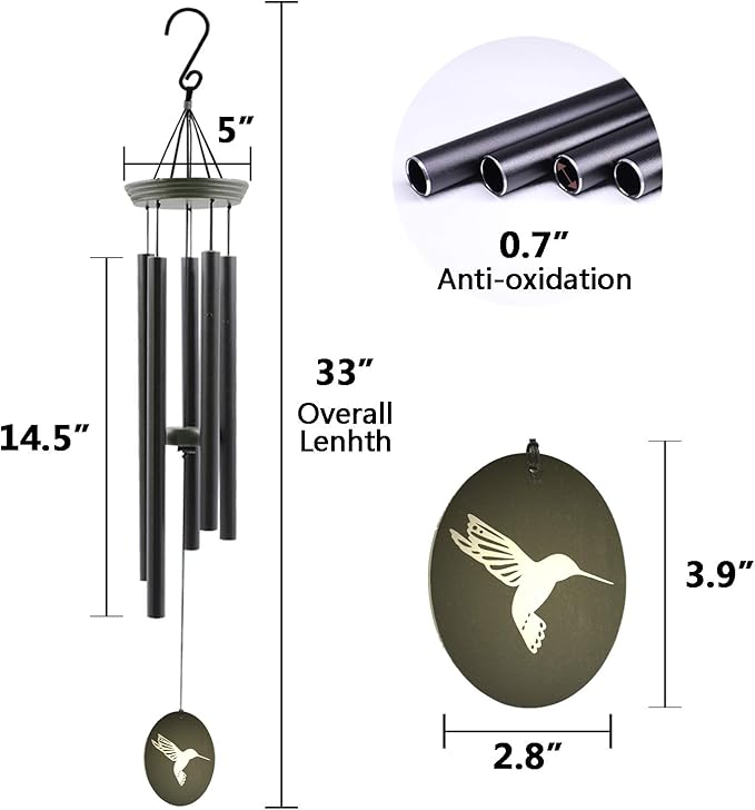 Hummingbird Outdoor Wind Chimes for Outside - 33" Tall, Tuned Melody, Memorial Gift for Mom/Grandma, Weather-Resistant, Perfect Decoration for Patio, Garden, Yard & Indoors