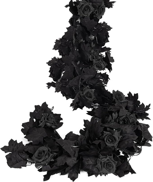 RECUTMS Black Artificial Flower Garland Fake Rose Vine Hanging Rose Vines Fall Maple Garland with Floral,Black Hanging Flowers for Gothic Wedding Decor Autumn Party Halloween Decor