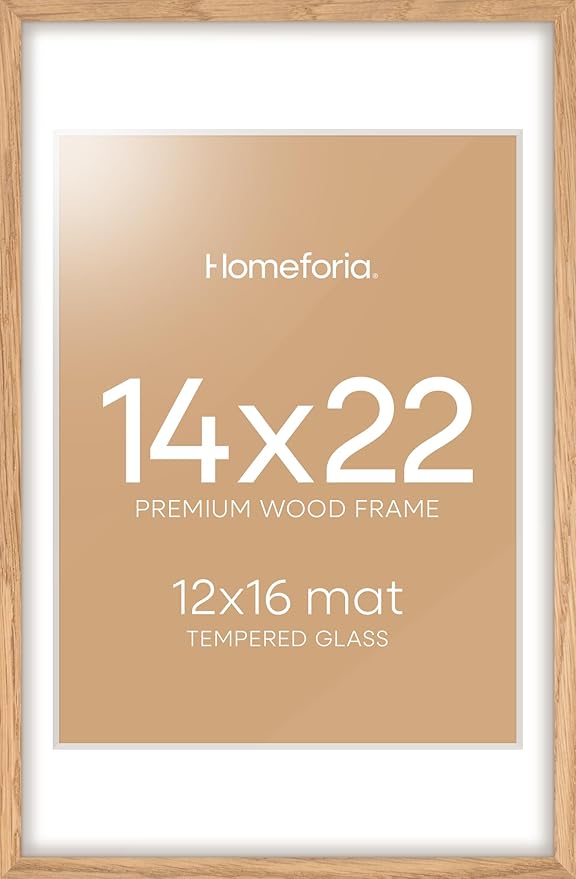 Homeforia 14x22 Picture Frame Wood, High End Natural Oak 14x22 Light Wooden Poster Frame with Mat 12x16, 14 x 22 Frames Matted to 12 x 16 Photo, 22x14 Hanging Frame, Tempered Glass, Wall Kit, Set of 1