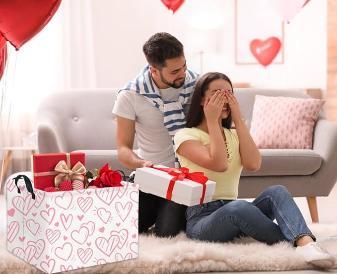 HIYAGON Rectangular Pink Basket Kids Baby Storage Bin Toy Basket Organizer Box for Girls Love Room Decor(Pink Striped Heart)